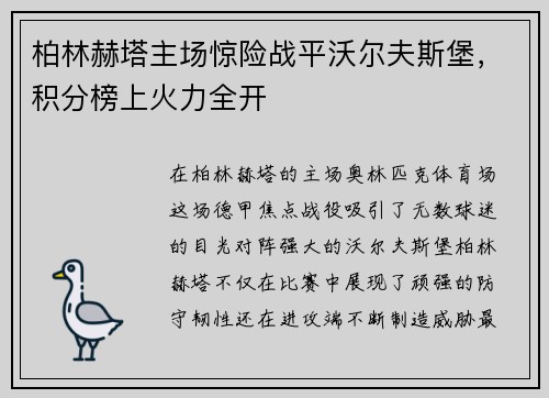 柏林赫塔主场惊险战平沃尔夫斯堡，积分榜上火力全开