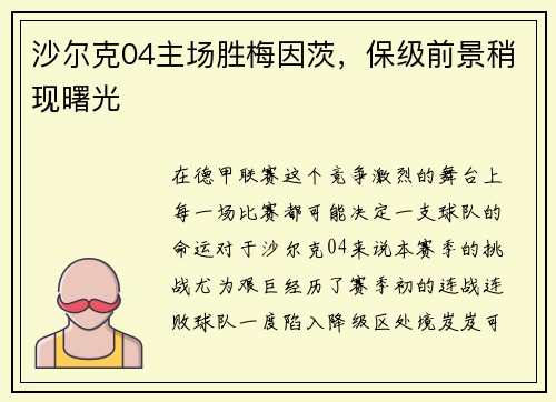 沙尔克04主场胜梅因茨，保级前景稍现曙光